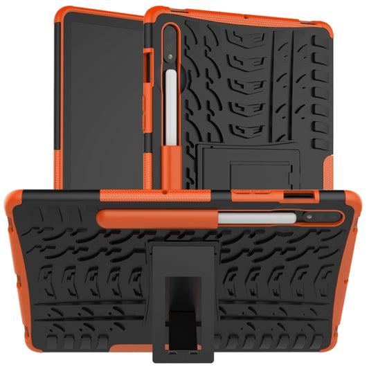 For Samsung Galaxy Tab S8 / Galaxy Tab S7 T870 / T875 Tire Texture Shockproof TPU+PC Protective Case with Holder(Orange) - Galaxy Tab S8 Cases by buy2fix | Online Shopping UK | buy2fix