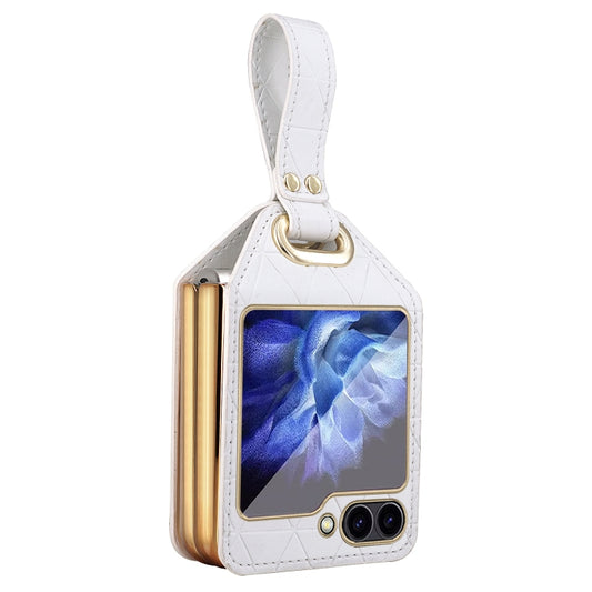 For Samsung Galaxy Z Flip6 Electroplating PC Hybrid PU Leather Phone Case with Wristband(White) - Galaxy Z Flip6 5G Cases by buy2fix | Online Shopping UK | buy2fix