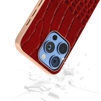 For iPhone 16 Pro ABEEL Electroplated Frame Genuine Leather Crocodile Pattern Phone Case(Red) - iPhone 16 Pro Cases by buy2fix | Online Shopping UK | buy2fix