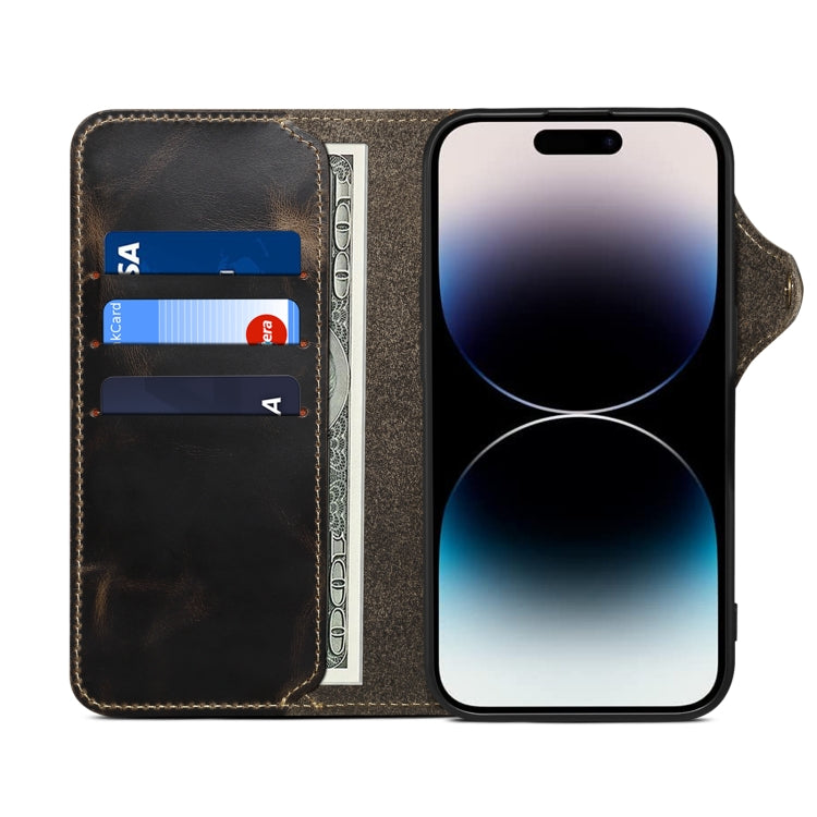 For iPhone 16 Pro Max Denior B01 Oil Wax Cowhide Magnetic Button Genuine Leather Case(Black) - iPhone 16 Pro Max Cases by Denior | Online Shopping UK | buy2fix