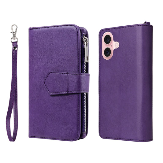 For iPhone 16 Solid Color 2 in 1 Zipper Shockproof Phone Case(Purple) - iPhone 16 Cases by buy2fix | Online Shopping UK | buy2fix