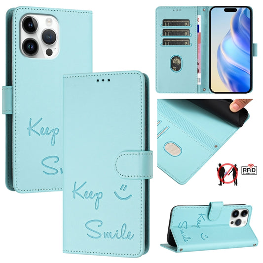 For iPhone 16 Pro Max Smile Embossing RFID Leather Phone Case(Mint Green) - iPhone 16 Pro Max Cases by buy2fix | Online Shopping UK | buy2fix