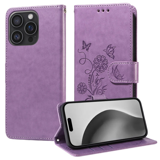 For iPhone 16 Pro Embossed Butterfly Flowers Leather Phone Case(Purple) - iPhone 16 Pro Cases by buy2fix | Online Shopping UK | buy2fix