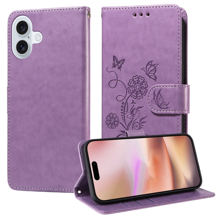 For iPhone 16 Plus Embossed Butterfly Flowers Leather Phone Case(Purple) - iPhone 16 Plus Cases by buy2fix | Online Shopping UK | buy2fix