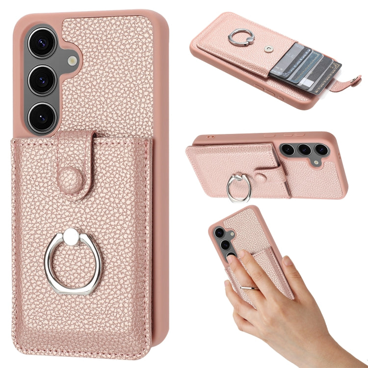 For Samsung Galaxy S25+ 5G Litchi Texture Drawing Card Bag Ring Holder Phone Case(Rose Gold) - Galaxy S25+ 5G Cases by buy2fix | Online Shopping UK | buy2fix