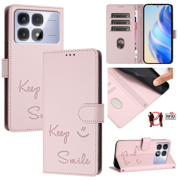 For Redmi K70 Ultra 5G Global Smile Embossing RFID Leather Phone Case(Pink) - Xiaomi Cases by buy2fix | Online Shopping UK | buy2fix