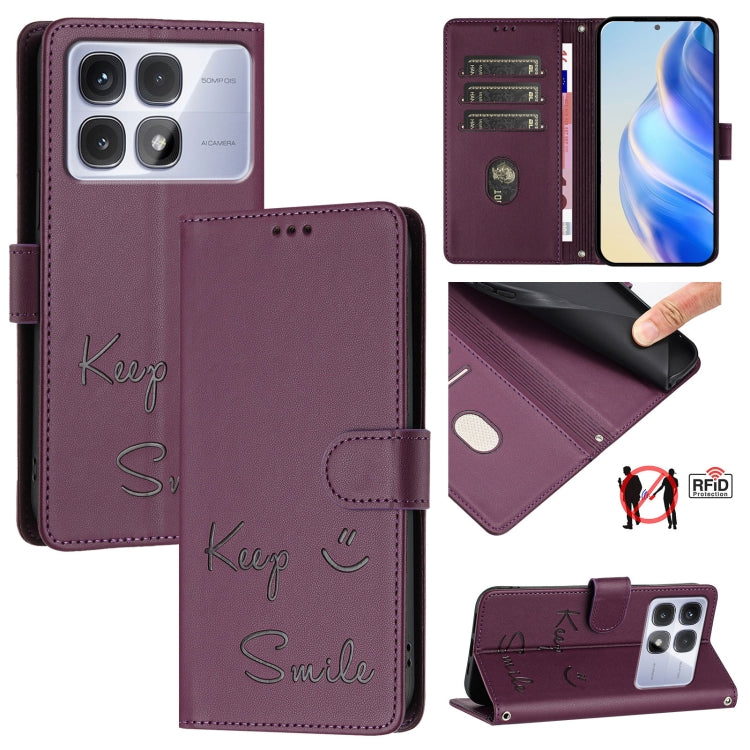 For Redmi K70 Ultra 5G Global Smile Embossing RFID Leather Phone Case(Violet) - Xiaomi Cases by buy2fix | Online Shopping UK | buy2fix