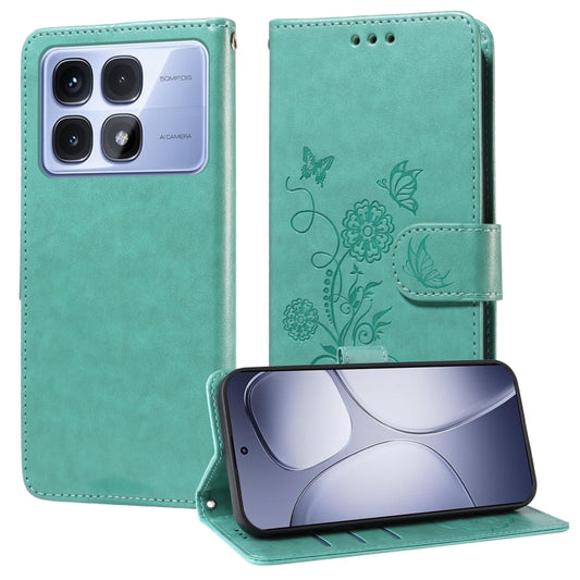 For Redmi K70 Ultra Embossed Butterfly Flowers Leather Phone Case(Green) - Xiaomi Cases by buy2fix | Online Shopping UK | buy2fix