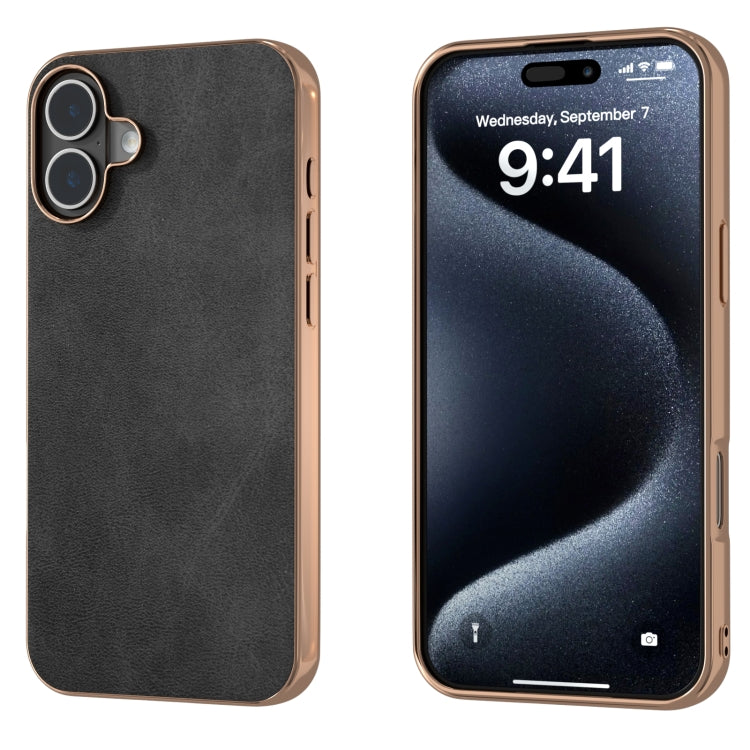 For iPhone 16 Nano Electroplating Dual Color Cowhide Texture Protective Phone Case(Black) - iPhone 16 Cases by buy2fix | Online Shopping UK | buy2fix