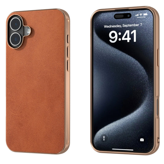 For iPhone 16 Nano Electroplating Dual Color Cowhide Texture Protective Phone Case(Brown) - iPhone 16 Cases by buy2fix | Online Shopping UK | buy2fix