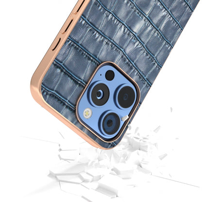 For iPhone 16 Pro ABEEL Electroplating Frame Crocodile Texture Genuine Leather Phone Case(Blue) - iPhone 16 Pro Cases by buy2fix | Online Shopping UK | buy2fix