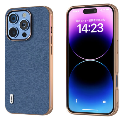 For iPhone 16 Pro ABEEL Electroplating Frame Genuine Leather + PC Litchi Texture Phone Case(Blue) - iPhone 16 Pro Cases by buy2fix | Online Shopping UK | buy2fix