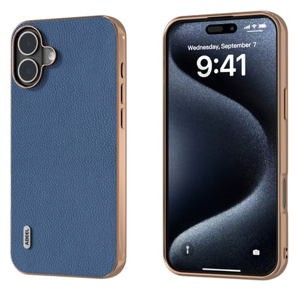 For iPhone 16 Plus ABEEL Electroplating Frame Genuine Leather + PC Litchi Texture Phone Case(Blue) - iPhone 16 Plus Cases by buy2fix | Online Shopping UK | buy2fix