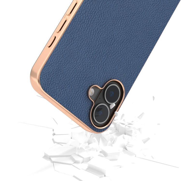 For iPhone 16 Plus ABEEL Electroplating Frame Genuine Leather + PC Litchi Texture Phone Case(Blue) - iPhone 16 Plus Cases by buy2fix | Online Shopping UK | buy2fix