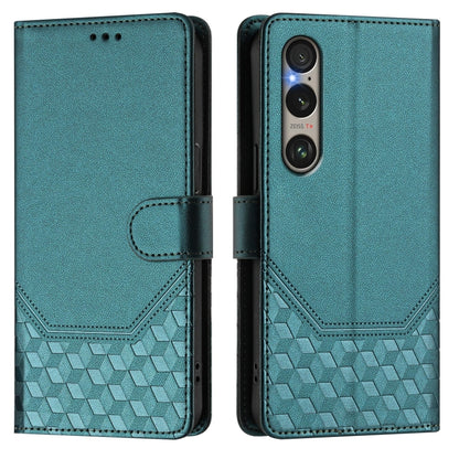 For Sony Xperia 1 VI 2024 Honeycomb Embossing RFID Leather Phone Case(Peacock Green) - Sony Cases by buy2fix | Online Shopping UK | buy2fix