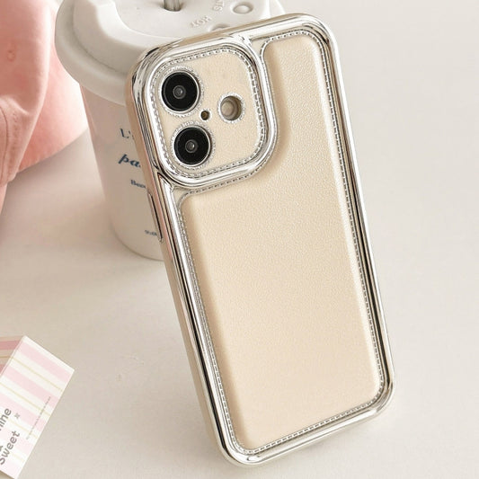 For iPhone 16 Plus Electroplated Edge Frosted Leather TPU Phone Case(Apricot Color) - iPhone 16 Plus Cases by buy2fix | Online Shopping UK | buy2fix