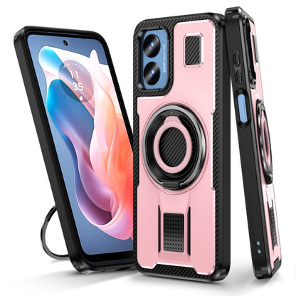 For Motorola Moto G Play 4G 2024 Ring Holder Carbon Fiber PC Hybrid TPU Phone Case(Rose Gold) - Motorola Cases by buy2fix | Online Shopping UK | buy2fix