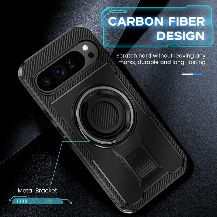 For Google Pixel 9 Pro XL Ring Holder Carbon Fiber PC Hybrid TPU Phone Case(Black) - Google Cases by buy2fix | Online Shopping UK | buy2fix