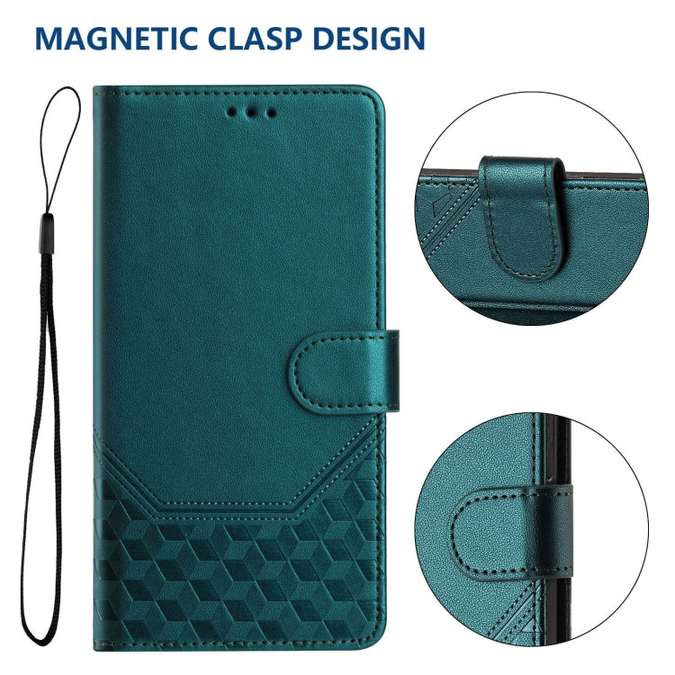 For Motorola Moto G Play 4G 2024 Oversea Honeycomb Embossing RFID Leather Phone Case(Peacock Green) - Motorola Cases by buy2fix | Online Shopping UK | buy2fix