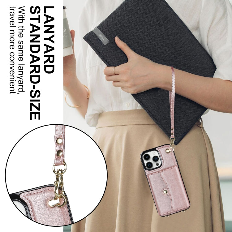 For iPhone 16 Pro Max RFID Card Slot Phone Case with Long Lanyard(Rose Gold) - iPhone 16 Pro Max Cases by buy2fix | Online Shopping UK | buy2fix