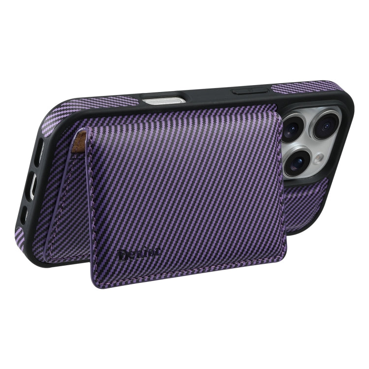 For iPhone 16 Pro Max Denior Carbon Fiber Texture Leather Card Bag MagSafe Phone Case(Purple) - iPhone 16 Pro Max Cases by Denior | Online Shopping UK | buy2fix