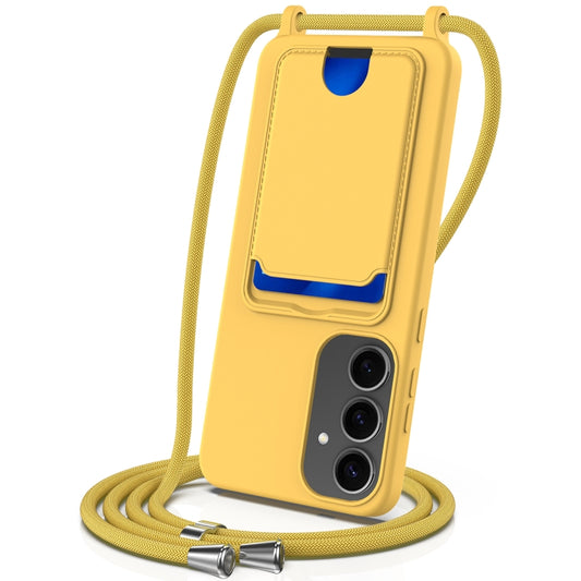 For Samsung Galaxy S25+ 5G Integrated Card Bag Solid Color Liquid Silicone Phone Case with Lanyard(Yellow) - Galaxy S25+ 5G Cases by buy2fix | Online Shopping UK | buy2fix