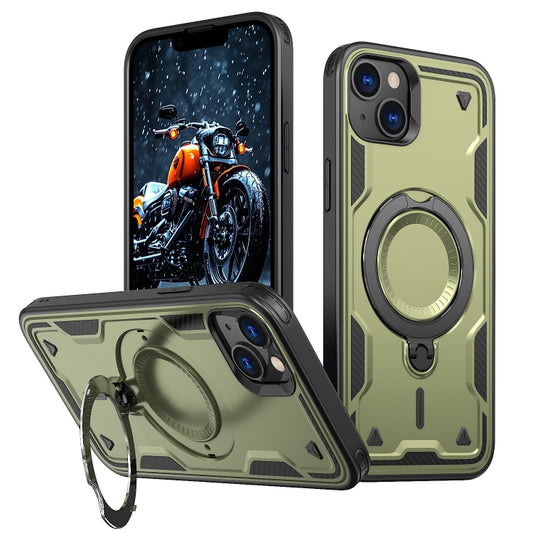 For iPhone 14 Plus PC Hybrid TPU Armor MagSafe Ring Holder Phone Case(Olive Green) - iPhone 14 Plus Cases by buy2fix | Online Shopping UK | buy2fix