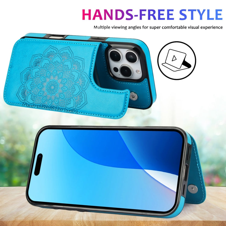 For iPhone 16 Pro Double Buckle Mandala Leather Wallet Back Cover Phone Case(Blue) - iPhone 16 Pro Cases by buy2fix | Online Shopping UK | buy2fix