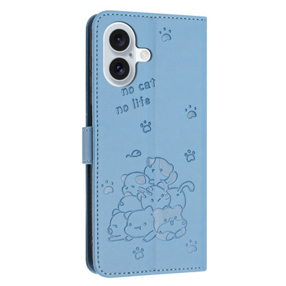 For iPhone 16 Plus Embossed Kitten Phone Leather Case with Lanyard(Blue) - iPhone 16 Plus Cases by buy2fix | Online Shopping UK | buy2fix