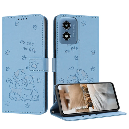 For Motorola Moto G Play 4G 2024 Embossed Kitten Phone Leather Case with Lanyard(Blue) - Motorola Cases by buy2fix | Online Shopping UK | buy2fix