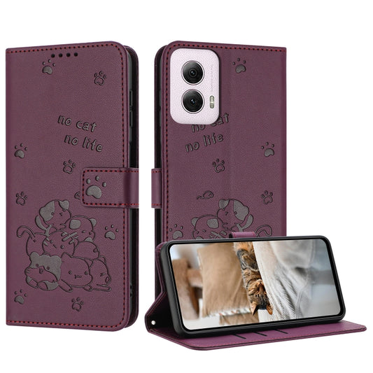 For Motorola Moto G Power 5G 2024 Embossed Kitten Phone Leather Case with Lanyard(Wine Red) - Motorola Cases by buy2fix | Online Shopping UK | buy2fix