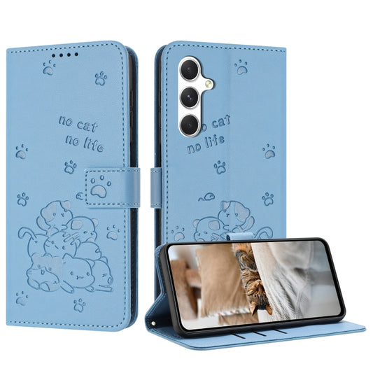 For Samsung Galaxy S25+ / S24+ 5G Embossed Kitten Phone Leather Case with Lanyard(Blue) - Galaxy S24+ 5G Cases by buy2fix | Online Shopping UK | buy2fix