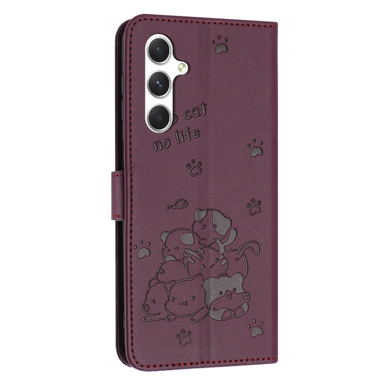 For Samsung Galaxy S25+ / S24+ 5G Embossed Kitten Phone Leather Case with Lanyard(Wine Red) - Galaxy S24+ 5G Cases by buy2fix | Online Shopping UK | buy2fix