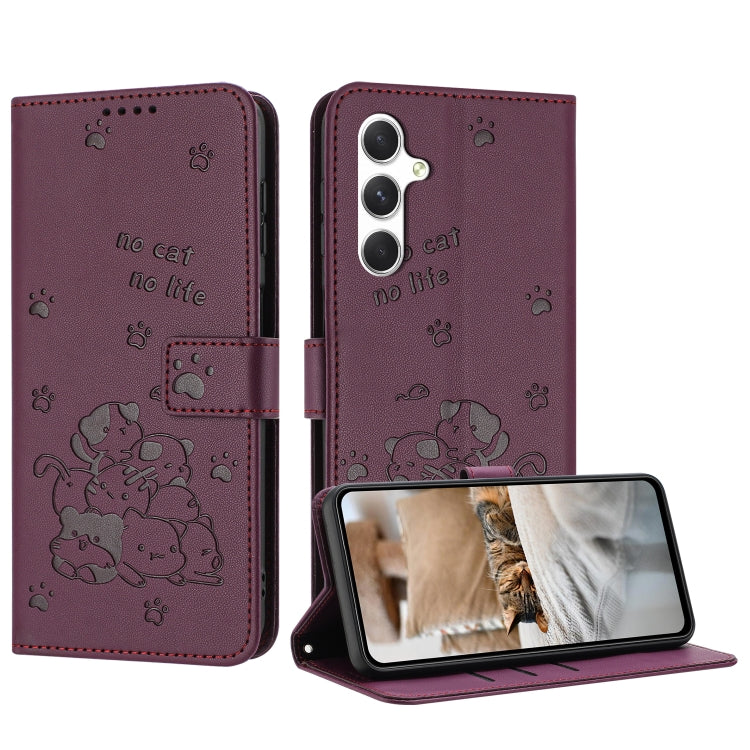 For Samsung Galaxy S25 / S24 5G Embossed Kitten Phone Leather Case with Lanyard(Wine Red) - Galaxy S24 5G Cases by buy2fix | Online Shopping UK | buy2fix