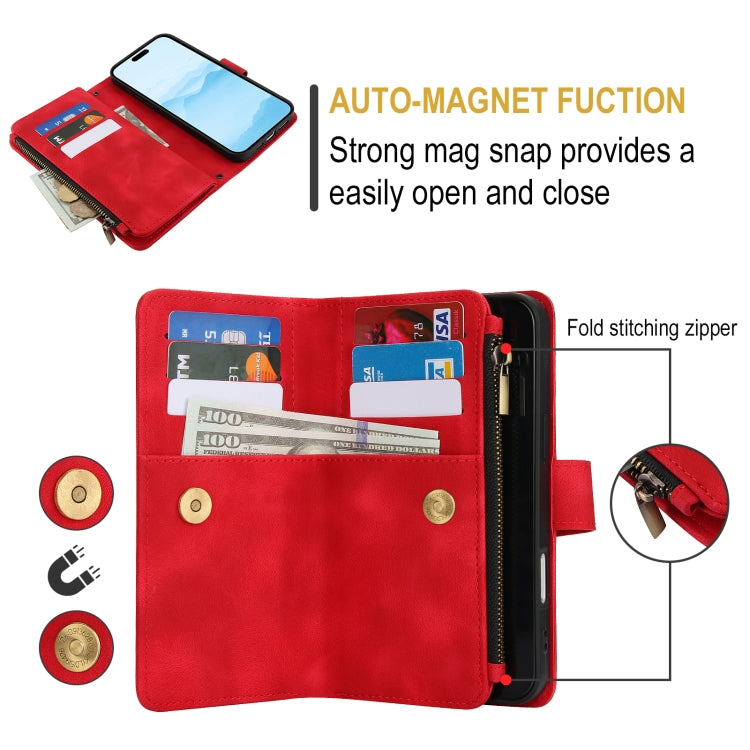 For iPhone 16 Plus Dream 9-Card Zipper Wallet RFID Leather Phone Case with Lanyard(Red) - iPhone 16 Plus Cases by buy2fix | Online Shopping UK | buy2fix