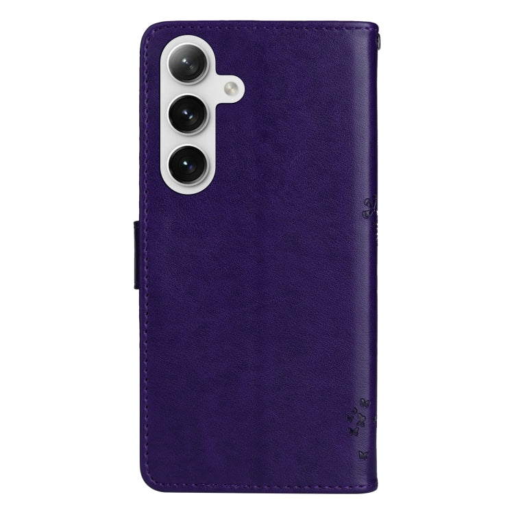 For Samsung Galaxy S25 / S24 5G Tree & Cat Embossed Pattern Flip Leather Phone Case(Purple) - Galaxy S25 5G Cases by buy2fix | Online Shopping UK | buy2fix