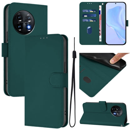 For OnePlus 11 Skin Feel Solid Color Leather Phone Case with Lanyard(Dark Green) - OnePlus Cases by buy2fix | Online Shopping UK | buy2fix