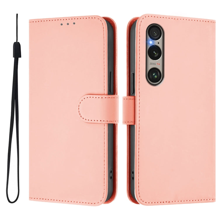 For Sony Xperia 1 VI 2024 Skin Feel Solid Color Leather Phone Case with Lanyard(Pink) - Sony Cases by buy2fix | Online Shopping UK | buy2fix