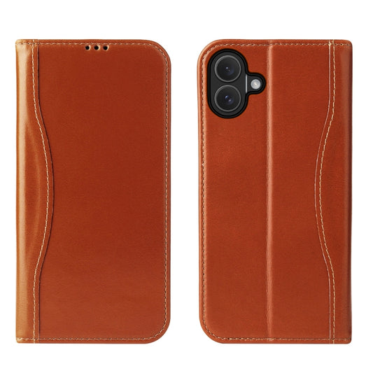 For iPhone 16 Plus Fierre Shann Cowhide Leather Flip Leather Phone Case(Brown) - iPhone 16 Plus Cases by FIERRE SHANN | Online Shopping UK | buy2fix