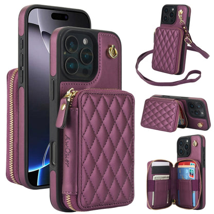 For iPhone 16 Pro Max AwQuer Crossbody Zipper Wallet Rhombic Leather Back Phone Case(Dark Purple) - iPhone 16 Pro Max Cases by Awquer | Online Shopping UK | buy2fix