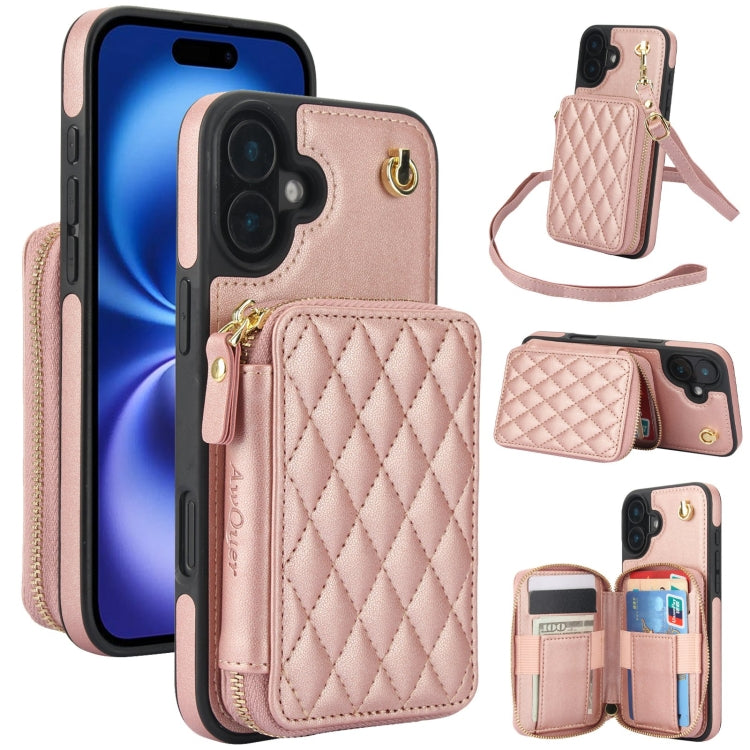 For iPhone 16 Plus AwQuer Crossbody Zipper Wallet Rhombic Leather Back Phone Case(Rose Gold) - iPhone 16 Plus Cases by Awquer | Online Shopping UK | buy2fix