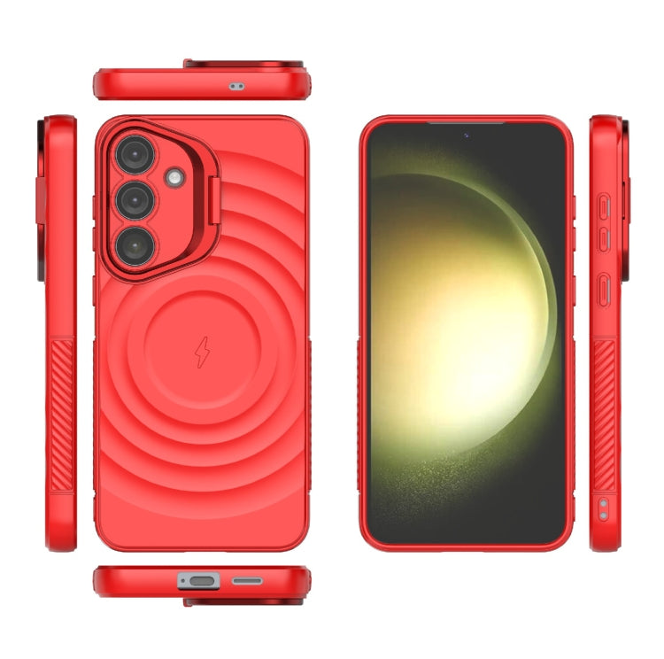 For Samsung Galaxy S25+ 5G Lens Frame Bracket Corrugated MagSafe Phone Case(Red) - Galaxy S25+ 5G Cases by buy2fix | Online Shopping UK | buy2fix