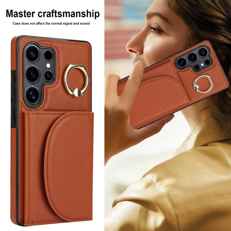 For Samsung Galaxy S25 Ultra 5G Ring Holder Card Bag Skin Feel Phone Case(Brown) - Galaxy S25 Ultra 5G Cases by buy2fix | Online Shopping UK | buy2fix