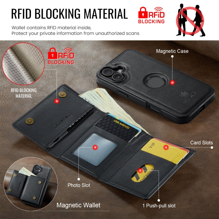 For iPhone 16 Plus DG.MING M6 Series RFID Tri-fold Card Bag Removable Leather Phone Case(Black) - iPhone 16 Plus Cases by DG.MING | Online Shopping UK | buy2fix