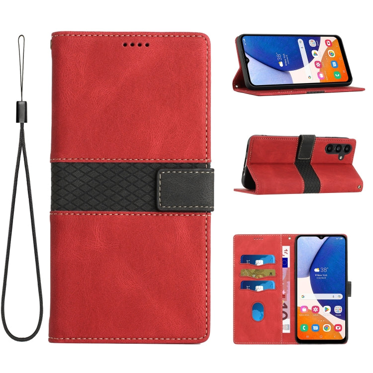 For Samsung Galaxy S25 5G Grid Stitching Leather Phone Case with Lanyard(Red) - Galaxy S25 5G Cases by buy2fix | Online Shopping UK | buy2fix