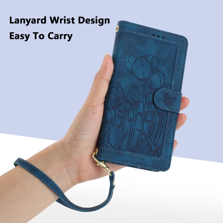 For Samsung Galaxy S25 5G Tulips Embossed Leather Phone Case with Lanyard(Blue) - Galaxy S25 5G Cases by buy2fix | Online Shopping UK | buy2fix