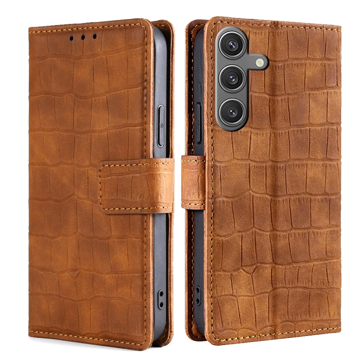 For Samsung Galaxy S25 5G Skin Feel Crocodile Magnetic Clasp Leather Phone Case(Brown) - Galaxy S25 5G Cases by buy2fix | Online Shopping UK | buy2fix