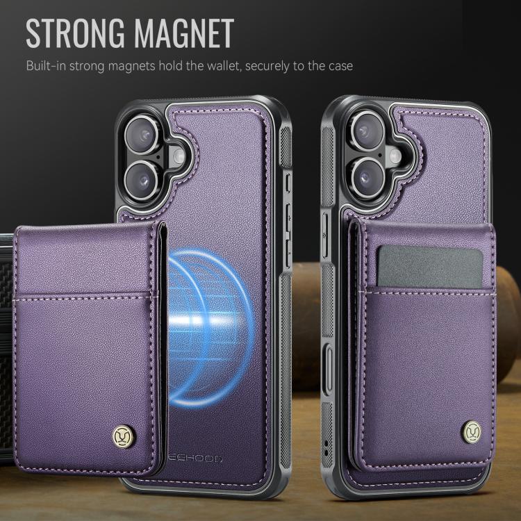 For iPhone 16 Plus JEEHOOD J06 British Style RFID MagSafe Card Bag PU Phone Case(Purple) - iPhone 16 Plus Cases by JEEHOOD | Online Shopping UK | buy2fix