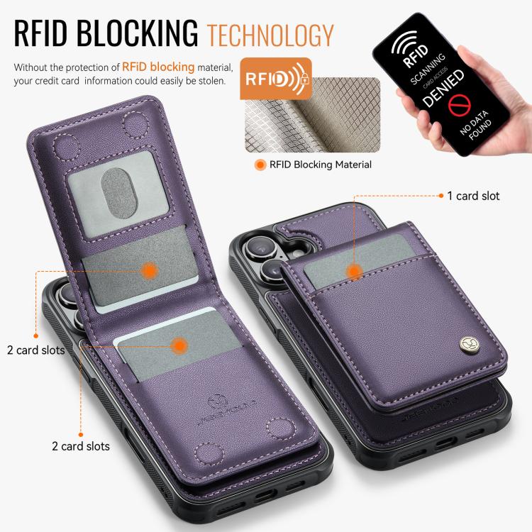 For iPhone 16 Plus JEEHOOD J06 British Style RFID MagSafe Card Bag PU Phone Case(Purple) - iPhone 16 Plus Cases by JEEHOOD | Online Shopping UK | buy2fix