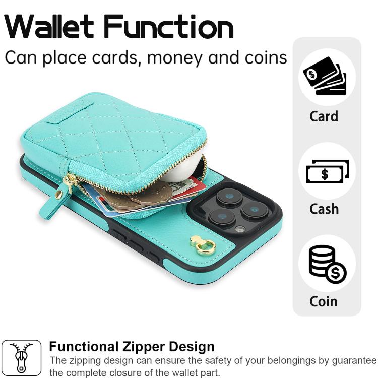 For iPhone 16 Pro AwQuer Crossbody Zipper Wallet Bag Litchi Leather Phone Case(Mint Green) - iPhone 16 Pro Cases by Awquer | Online Shopping UK | buy2fix